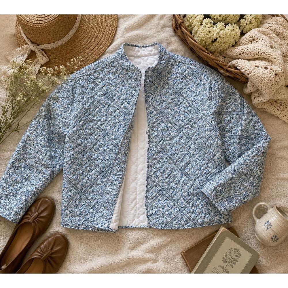 Vintage Quilted Jacket | Blue Floral Patchwork Coat, Granny Chic Boho Layering